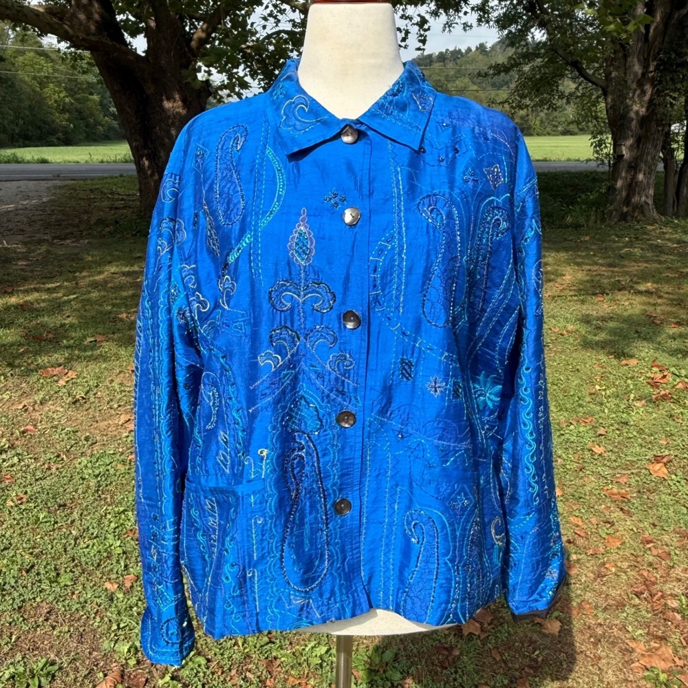Chico's Blue Silk Paisley Embroidered Beaded Button Front Jacket Size 3 L XL